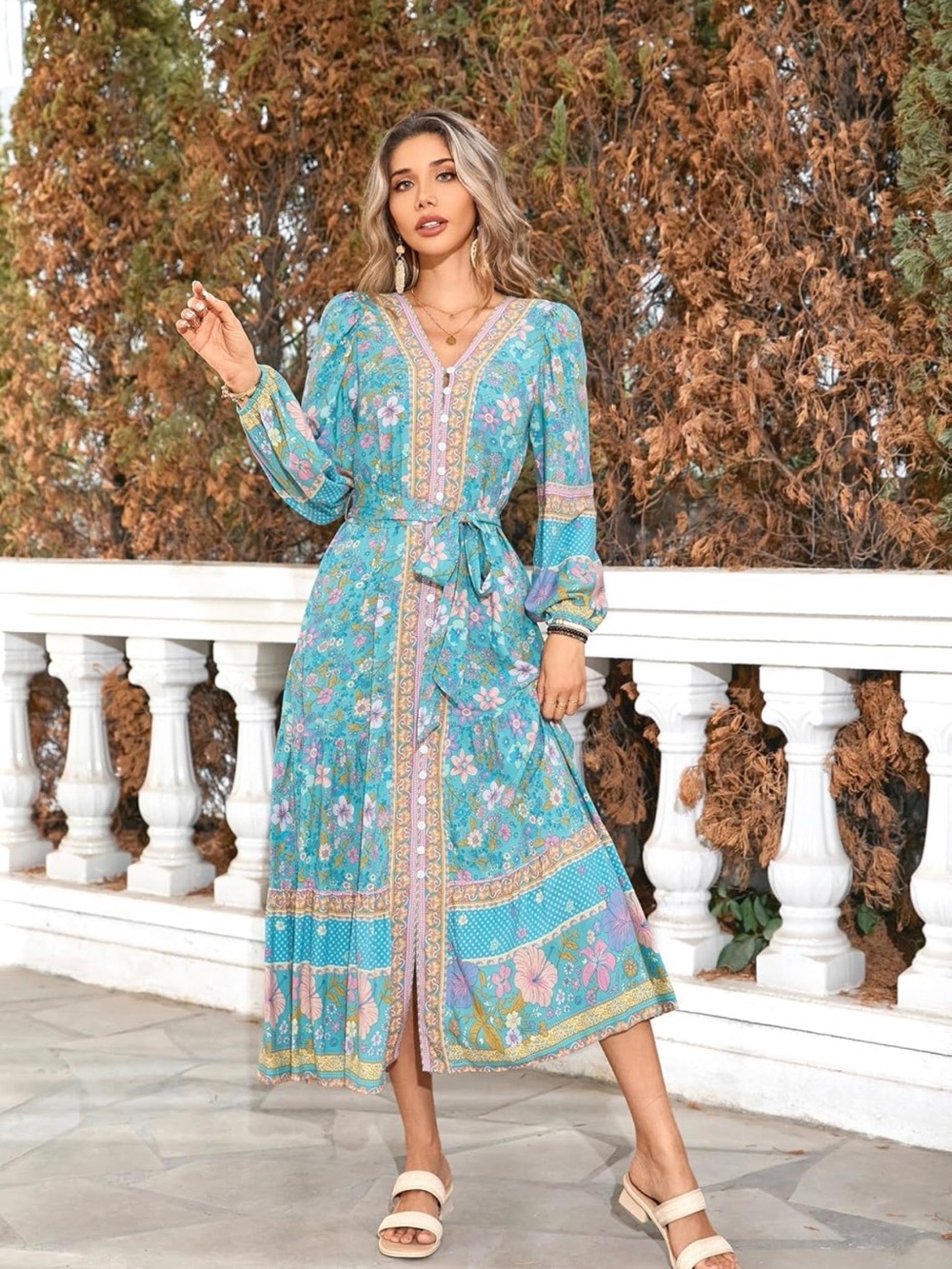 Patterned Long Sleeve Midi Dress